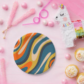 Assiettes En Carton Boucles ondulées Motif Abstrait rétro Bleu orange (Fête)