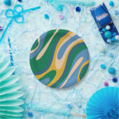 Assiettes En Carton Boucles ondulées Retro Abstrait Motif bleu vert (Fête)