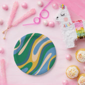 Assiettes En Carton Boucles ondulées Retro Abstrait Motif bleu vert (Fête)