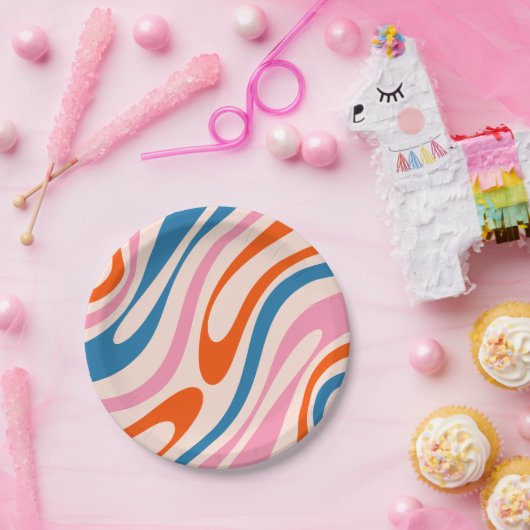 Assiettes En Carton Boucles ondulées Rétro Moderne Motif Abstrait Bleu (Fête)