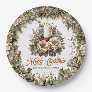 Assiettes En Carton Bougie de Noël vintage verte et dorée et blanche