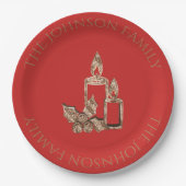 Assiettes En Carton Bougies de Noël Holly Rouge et or Élégant (Devant)