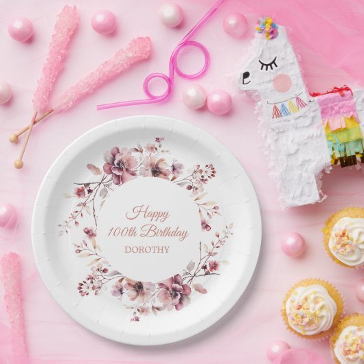 Assiettes En Carton Bougogne rose floral personnalisé 100e anniversair (Fête)