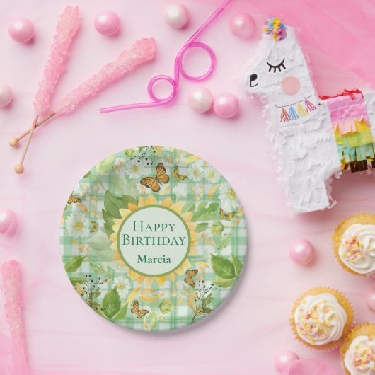 Assiettes En Carton Bouillon de tournesol En vichy vert d'anniversaire (Fête)