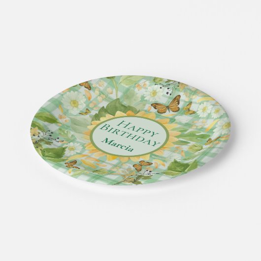 Assiettes En Carton Bouillon de tournesol En vichy vert d'anniversaire (Angle)