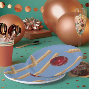 Assiettes En Carton Boule De Cricket Sur Bleu Frotter Les Pompes De Cr