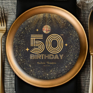 Assiettes En Carton Boule de disco pailletée or noir Fête d'anniversai