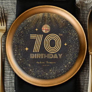 Assiettes En Carton Boule de disco pailletée or noir Fête d'anniversai