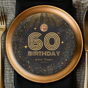 Assiettes En Carton Boule de disco pailletée or noir pour fête d'anniv