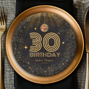 Assiettes En Carton Boule de disco pailletée or noir pour fête d'anniv