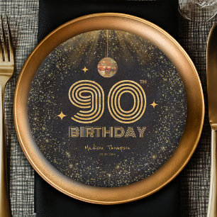 Assiettes En Carton Boule de disco pailletée or noir pour fête d'anniv