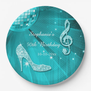 Assiettes En Carton Boule Disco Aqua et Talons 50e Anniversaire