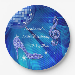 Assiettes En Carton Boule disco bleue et talons hauts 17e anniversaire