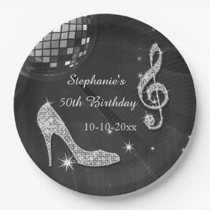 Assiettes En Carton Boule disco et talons noir/argent 50e anniversaire