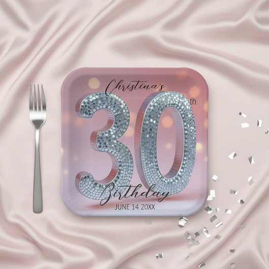 Assiettes En Carton Boule Disco Rose et Argent 30e anniversaire