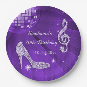 Assiettes En Carton Boule disco violette et talons 70e anniversaire