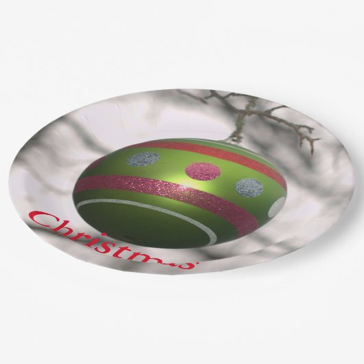 Assiettes En Carton Boule d'ornement rouge vert rayé (Angle)