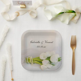 Assiettes En Carton Bouquet blanc Tulip Mariage de printemps
