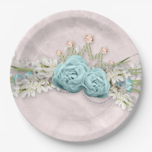 Assiettes En Carton Bouquet de fleurs de Roses bleus et de Couronne