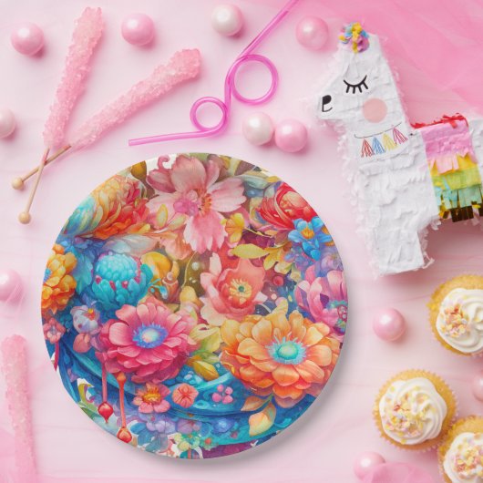 Assiettes En Carton Bouquet de fleurs en rose orange et bleu Boho (Fête)