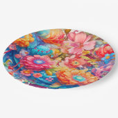 Assiettes En Carton Bouquet de fleurs en rose orange et bleu Boho (Angle)