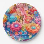 Assiettes En Carton Bouquet de fleurs en rose orange et bleu Boho (Devant)