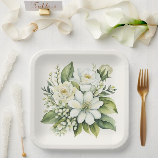 Assiettes En Carton Bouquet de rose aquarelle (Mariage)