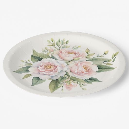 Assiettes En Carton Bouquet de rose rose pâle (Angle)