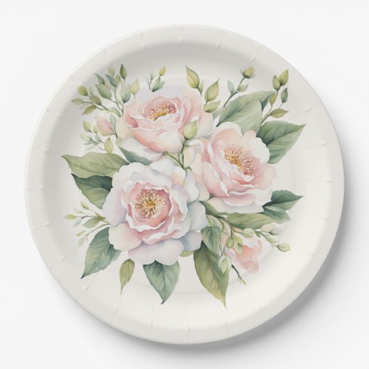 Assiettes En Carton Bouquet de rose rose pâle (Devant)