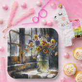 Assiettes En Carton Bouquet de sansy dans une fenêtre impressionnisme (Fête)