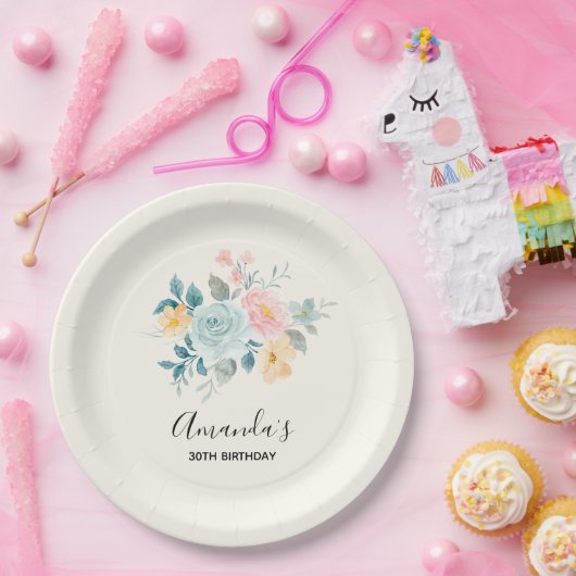 Assiettes En Carton Bouquet élégant rose et bleu Fleur Anniversaire (Fête)