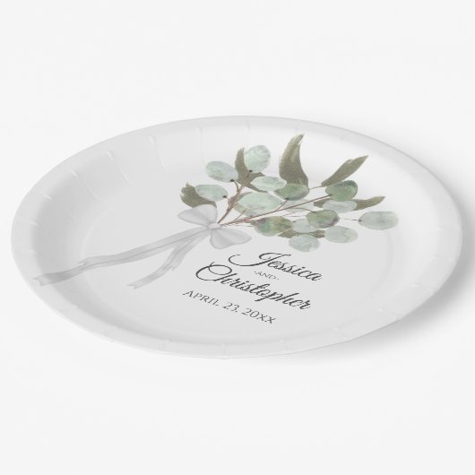Assiettes En Carton Bouquet Eucalyptus & Verdure Mariage aquarelle (Angle)