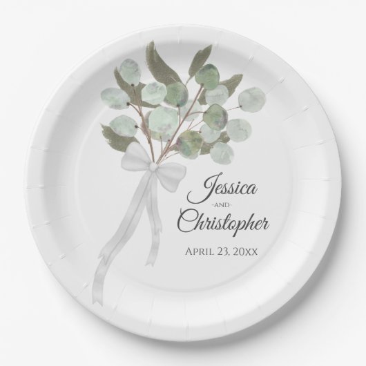 Assiettes En Carton Bouquet Eucalyptus & Verdure Mariage aquarelle (Devant)