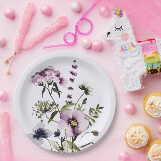 Assiettes En Carton Bouquet Fleur sauvage pourpre Aquarelle Florale (Fête)