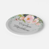 Assiettes En Carton Bouquet floral rose sur Fête des mariées gris (Angle)