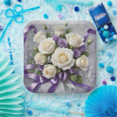 Assiettes En Carton Bouquet rose blanc, lilas, rubans blancs (Fête)