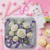 Assiettes En Carton Bouquet rose blanc, lilas, rubans blancs (Fête)