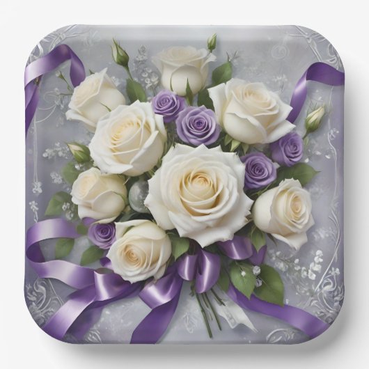Assiettes En Carton Bouquet rose blanc, lilas, rubans blancs (Recto)