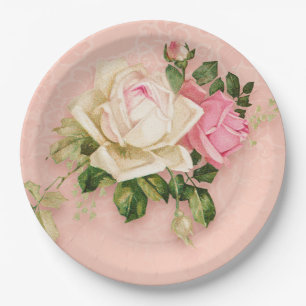 Assiettes En Carton Bouquet rose et rose blanche