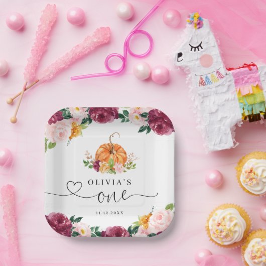 Assiettes En Carton Bourgogne automne fleuri Petit citrouille 1er anni (Fête)