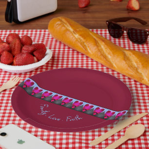 Assiettes En Carton Bourgogne avec Motif Coeur Rose