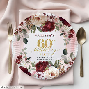 Assiettes En Carton Bourgogne Classique Or Floral Bohème 60e Anniversa