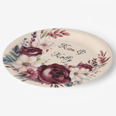 Assiettes En Carton Bourgogne et crème Aquarelle Rose Mariage (Angle)
