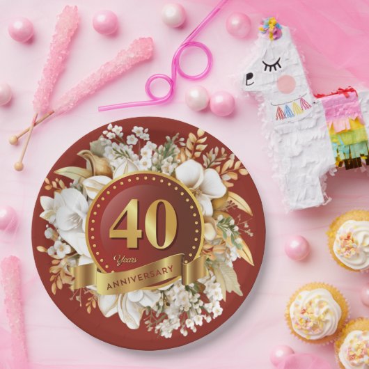 Assiettes En Carton Bourgogne et or Floral 40e anniversaire Mariage (Fête)