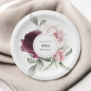 Assiettes En Carton Bourgogne et rose Rose 80e anniversaire