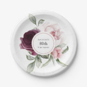 Assiettes En Carton Bourgogne et rose Rose 80e anniversaire (Devant)