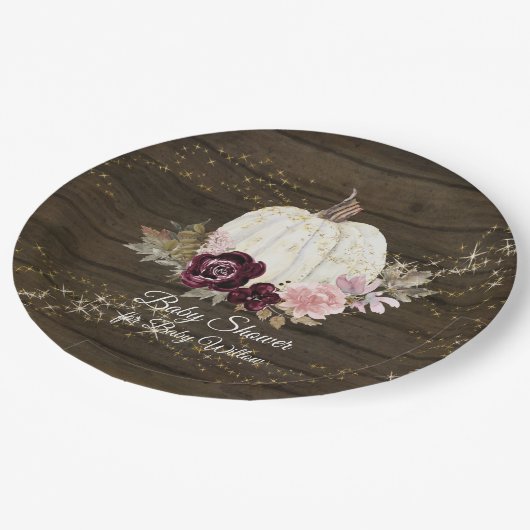 Assiettes En Carton Bourgogne Floral Citrouille or Baby shower rustiqu (Angle)