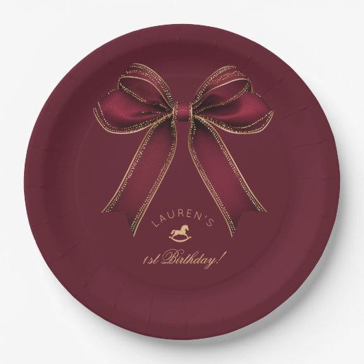 Assiettes En Carton Bourgogne Gold Bow Rocse Cheval luxe Anniversaire (Devant)