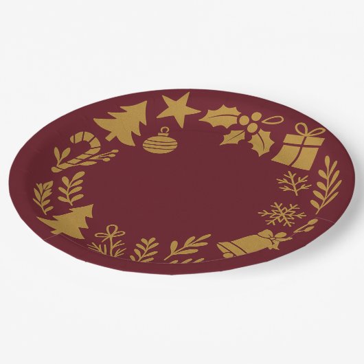 Assiettes En Carton Bourgogne Luxueuse Gold Wreath Classic Noël (Angle)