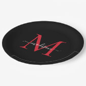 Assiettes En Carton Bourgogne noir rouge Monogramme Moderne Élégant Sc (Angle)